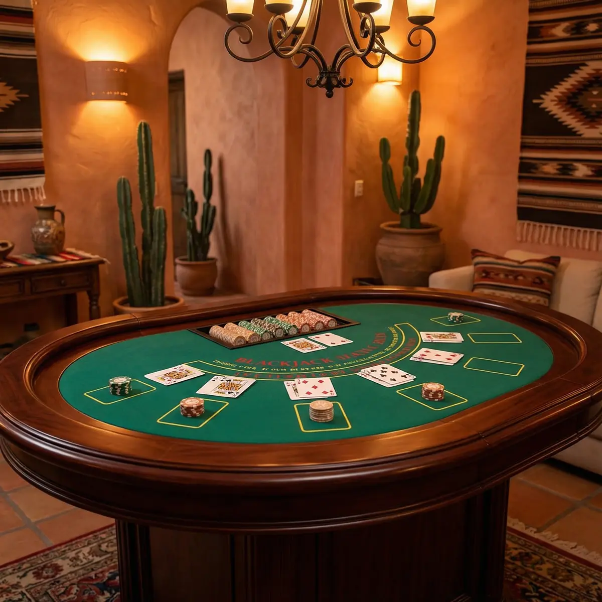 Mesa de blackjack elegante con cartas